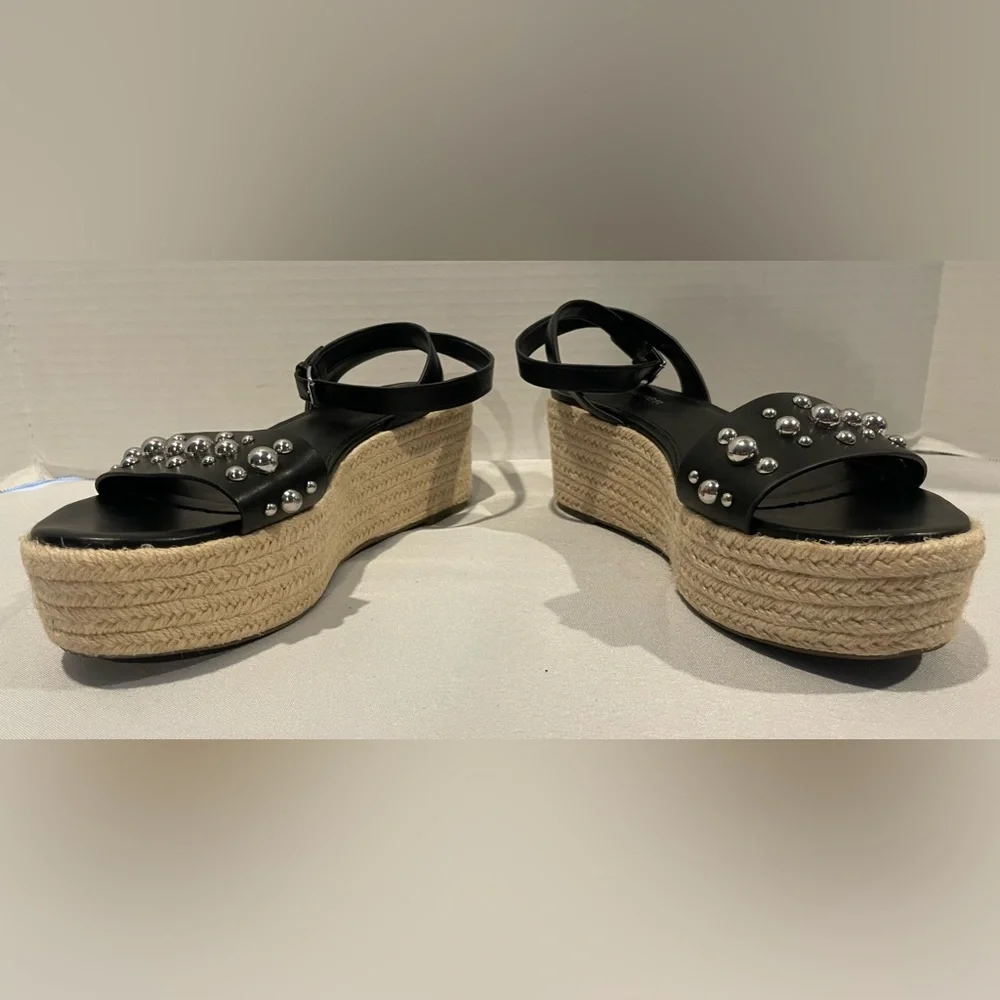 Marc Fisher Joyce Espadrille Studded Black Tan Platform Sandal Womens Size 8 1/2